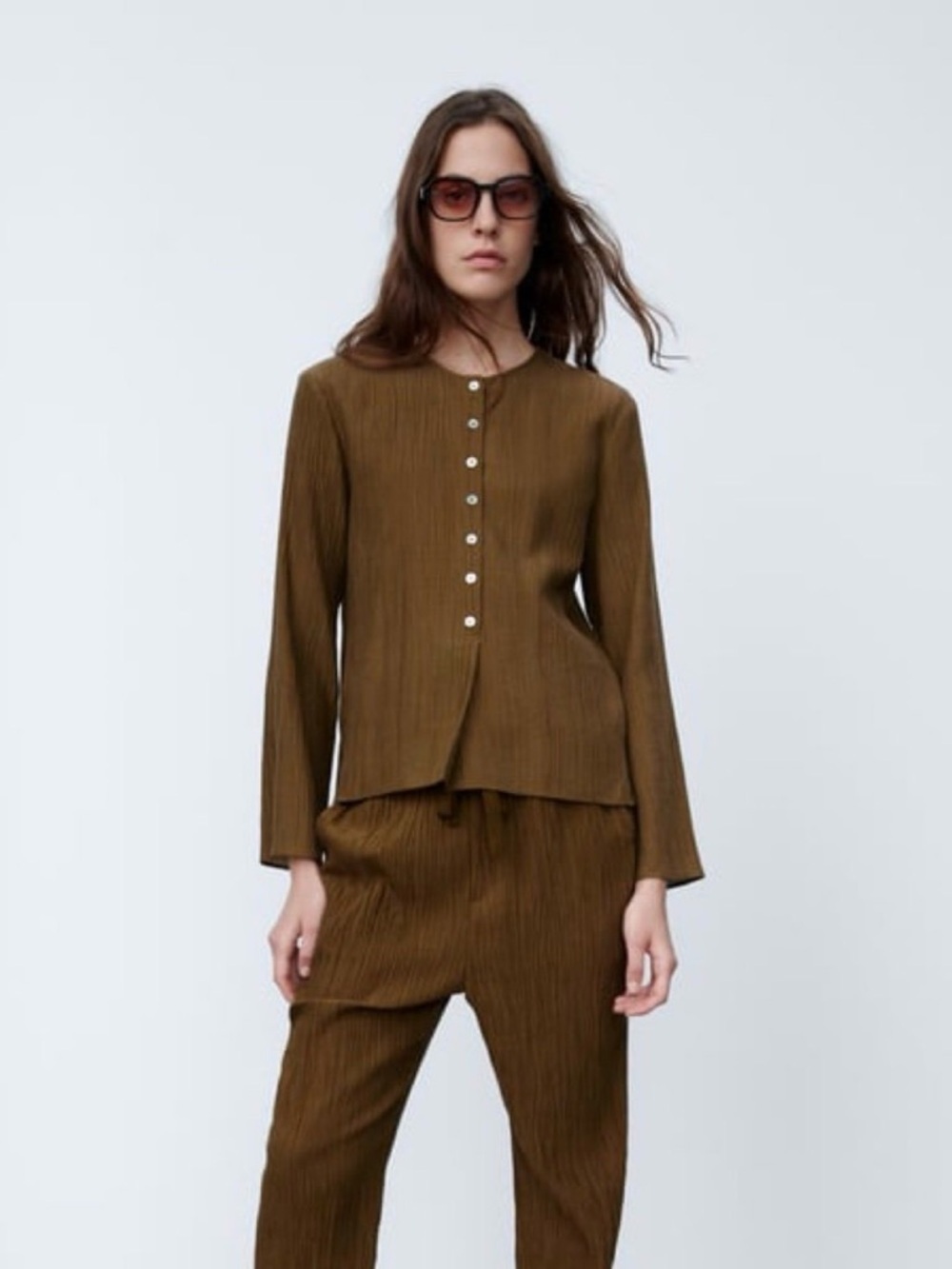 Zara Crinkle Textured Button Olive Khaki Blouse Top Size L